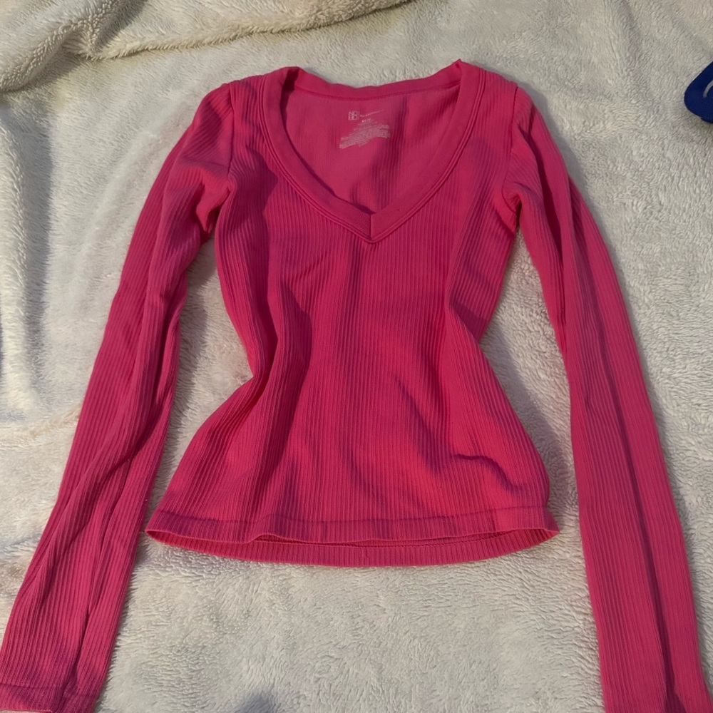 Women's Ribbed V-Neck Long Sleeve Top - Hot Pink